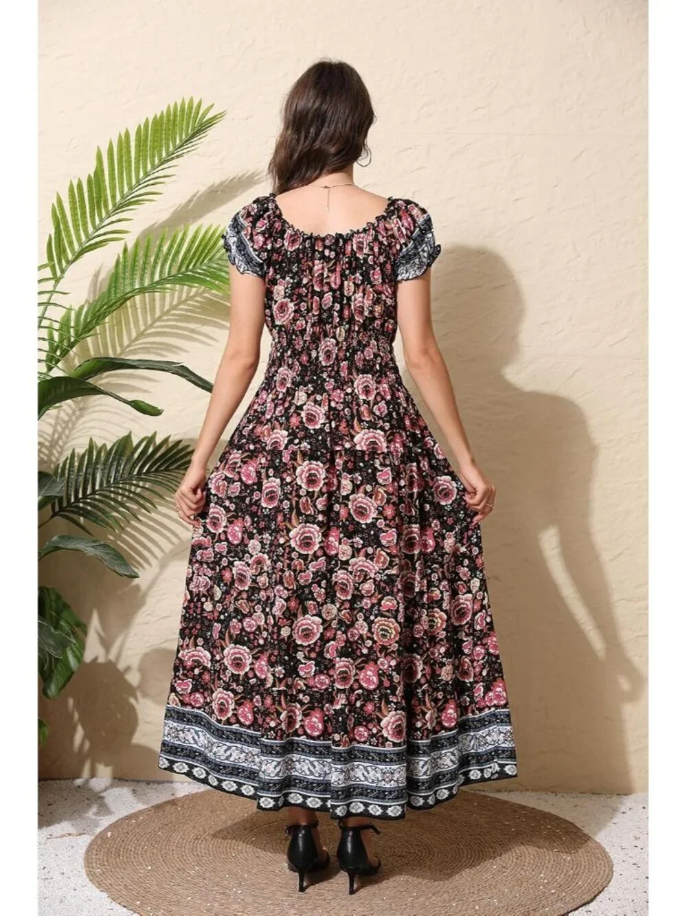 Women's Black Pink Floral Flowy Print Tiered Short Sleeves Summer Maxi Dress_2